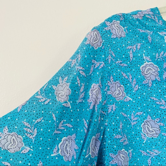 Vintage royal silk turquoise floral print polka dot blouse top - Picture 8 of 10